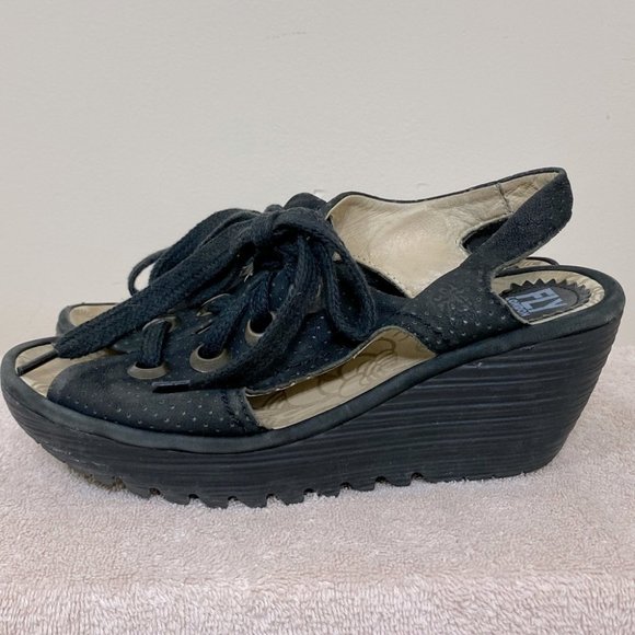Fly London Shoes - Fly London Yuta Black Lace Up Perforated Leather Wedge Sandals 38